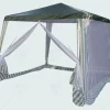 Шатра с комарници HERLY 3×3 м, разпъната в градина, с отворени мрежести страни и мебели за отдих вътре