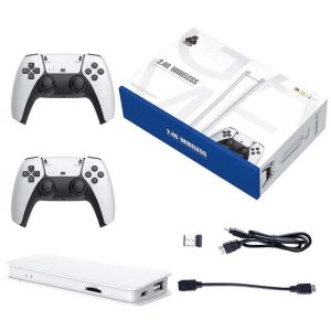 Game Station Game Stick М15 4K с два безжични джойстика и телевизор, показващ ретро игри