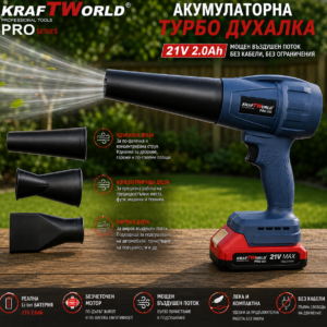 Акумулаторна турбо духалка KraftWorld PRO 21V с 3 приставки