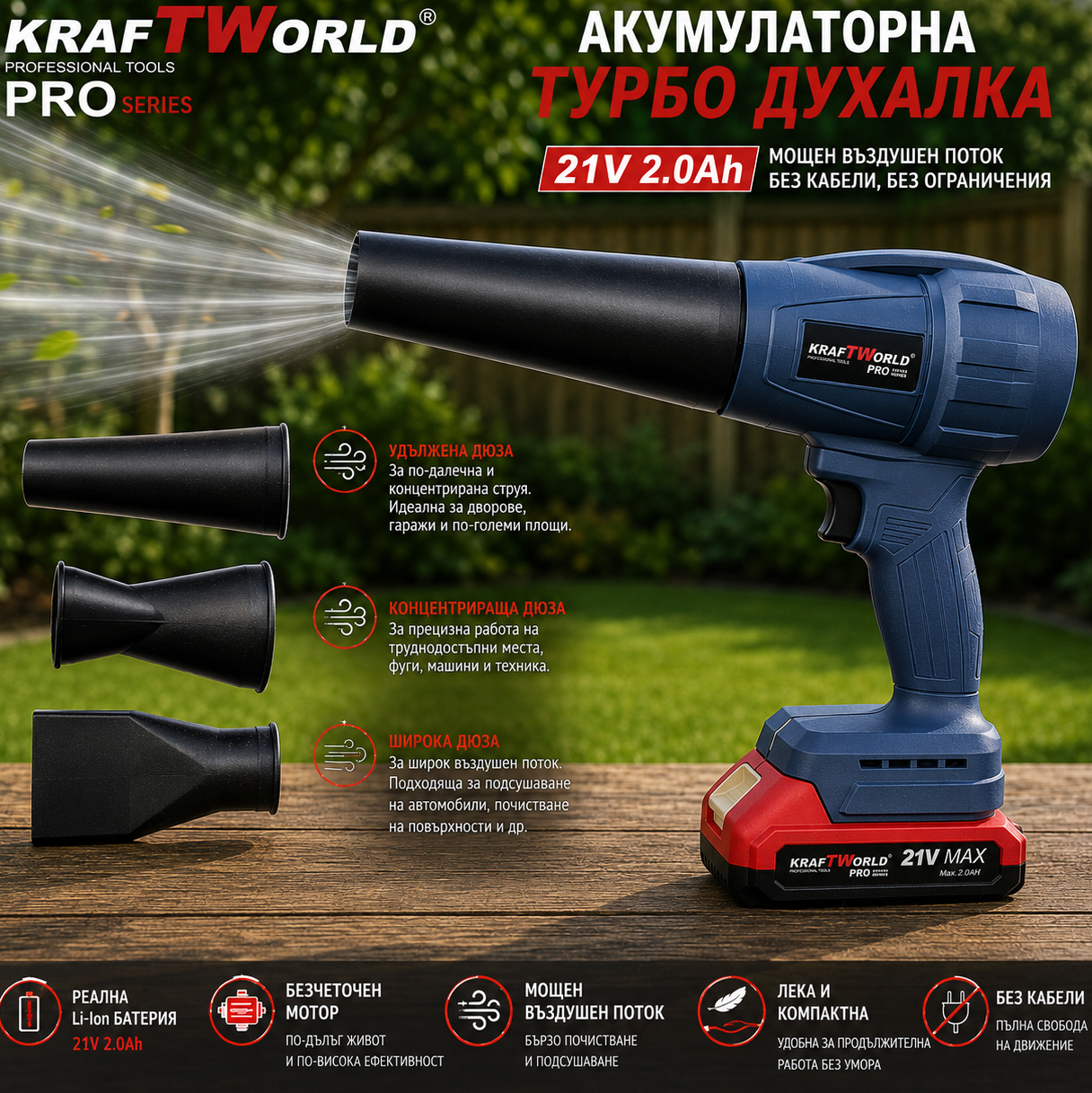 Акумулаторна турбо духалка KraftWorld PRO 21V с 3 приставки Акумулаторни Гайковерти Акумулаторна турбо духалка KraftWorld PRO 21V с 3 приставки