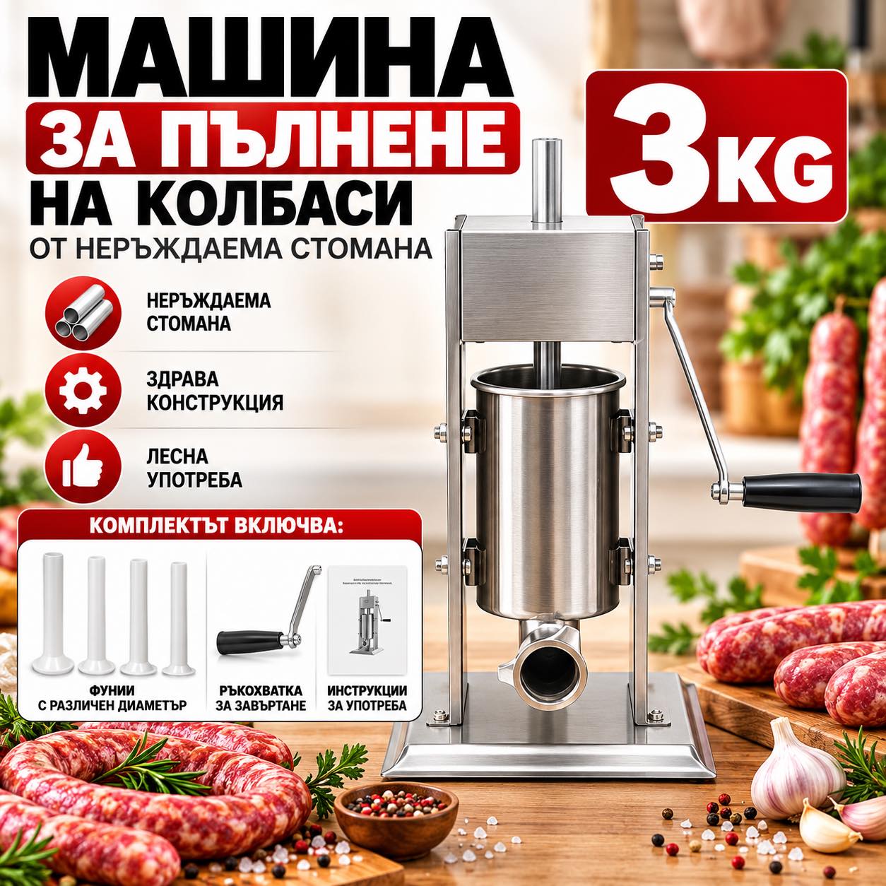 Механична Машина за Пълнене на Колбаси от Неръждаема Стомана 3 кг Месомелачки Механична Машина за Пълнене на Колбаси от Неръждаема Стомана 3 кг