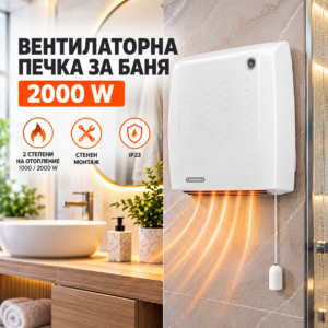 Вентилаторна печка за баня 2000W – стенен монтаж, 2 степени, IP23