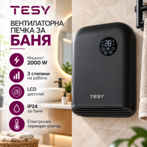 Вентилаторна печка за баня TESY 2000W – LCD дисплей, 3 степени, IP24
